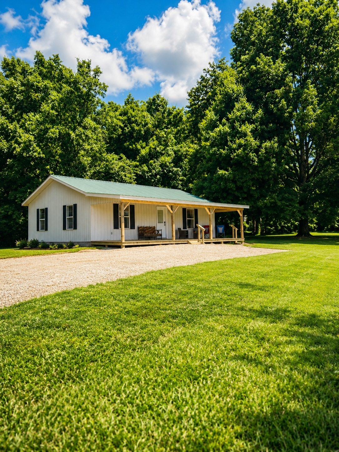 The white Farm House Lodge with its covered front porch and green metal roof